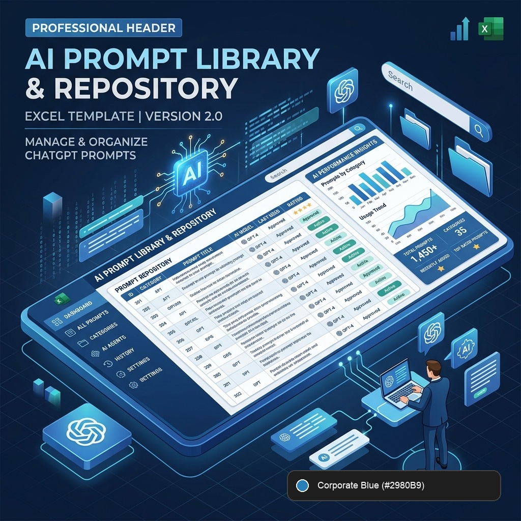 เทมเพลตคลังคำสั่ง AI Prompt พรีเมียม (สีน้ำเงินองค์กร - Corporate Blue)