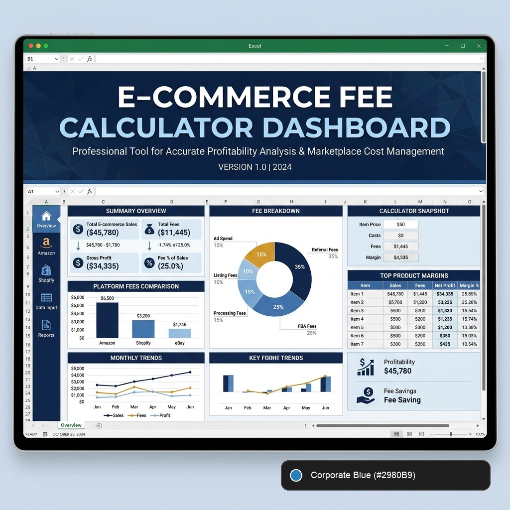 เทมเพลตคำนวณค่าธรรมเนียม Ecommerce พรีเมียม (สีน้ำเงินองค์กร - Corporate Blue)